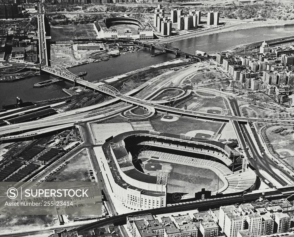 Vintage Photograph. Aerial view of Yankee Stadium in foreground and the Polo Grounds in background across the Harlem River, New York City