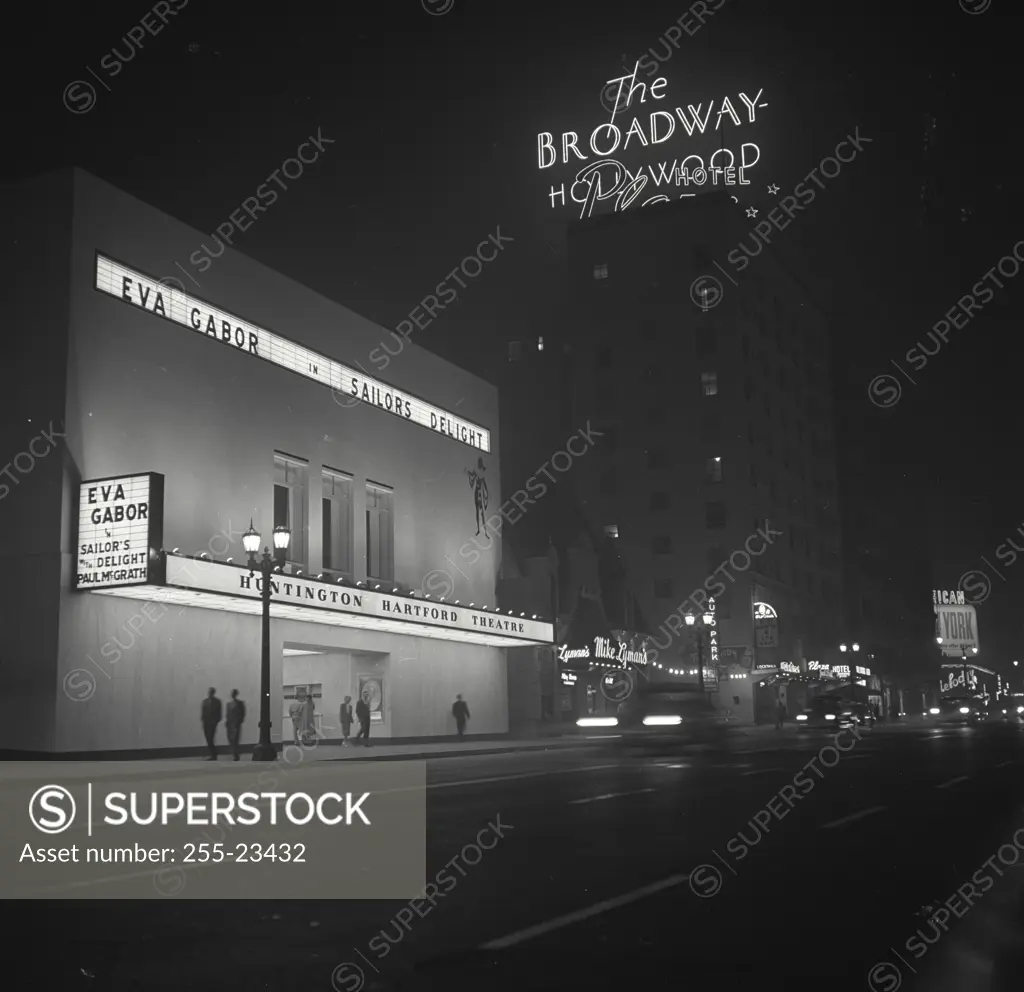 Vintage Photograph. New Huntington Hartford Theatre at night on Vine Street, Hollywood, California (legitimate theatre)