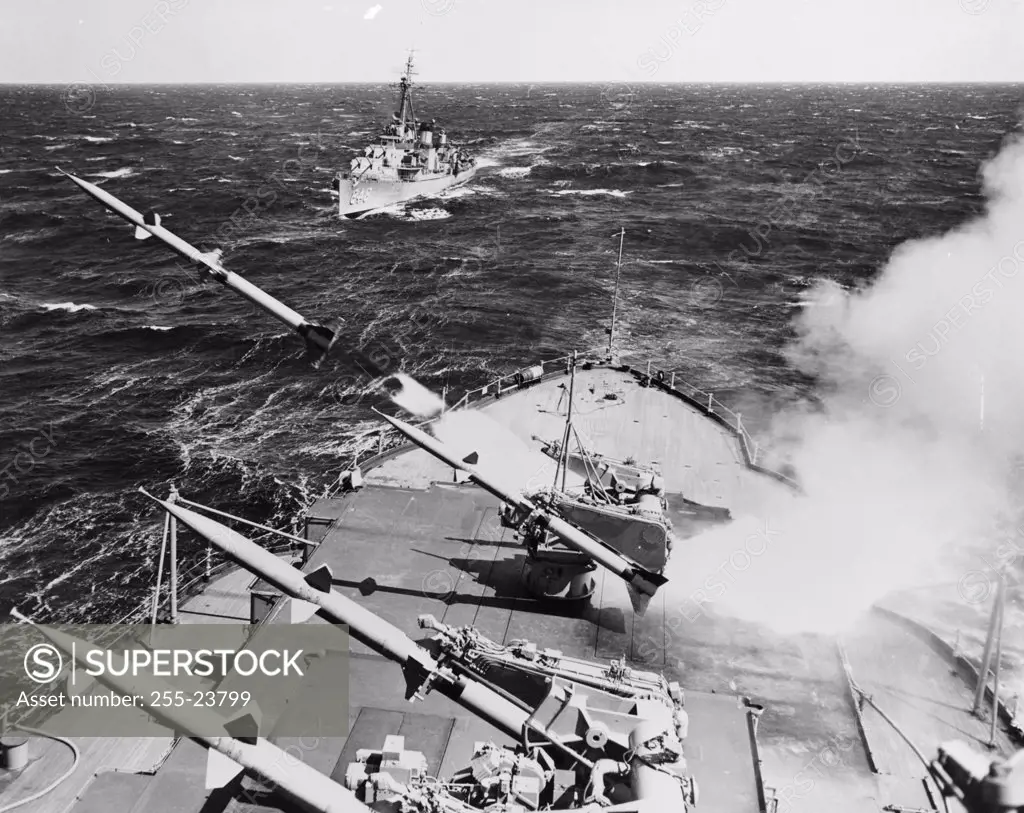 High angle view of a missile launching from a military ship, RIM-2 Terrier, Mississippi, USA