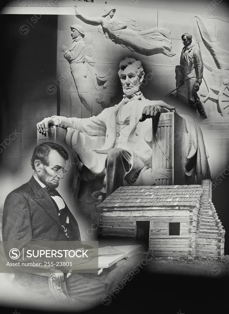 Vintage Photograph. Photo composite of Abraham Lincoln with Log Cabin and Relief on building and Statue at Lincoln Memorial, Frame 1
