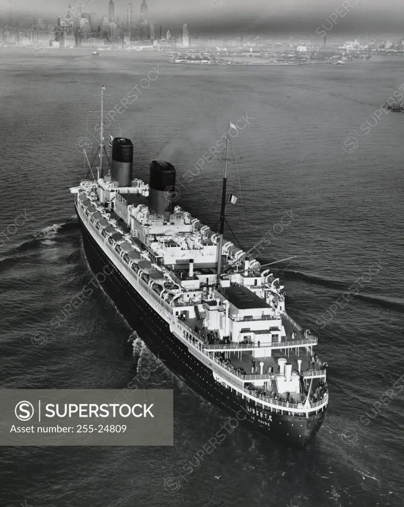 High angle view of a cruise ship in the sea, SS Liberte, New York Harbor, New York City, New York State, USA