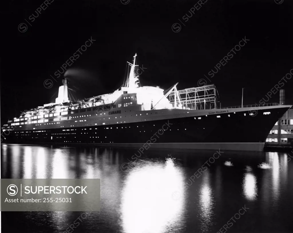 Low angle view of a cruise ship at a harbor, RMS Queen Elizabeth II