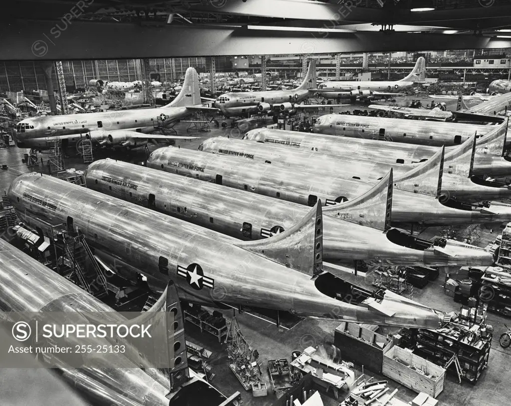 Vintage photograph. Production line of C-97 Stratofighters utilizing horseshoe like final assembly line area at the Boeing Aircraft Company