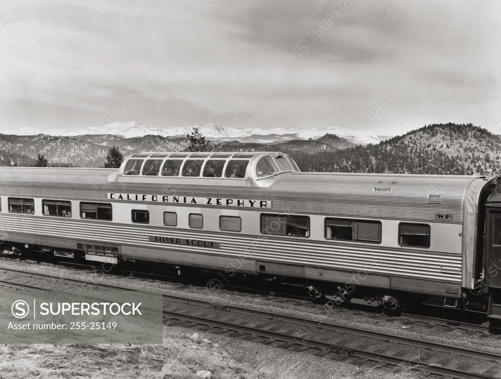 High angle view of a passenger train on railroad track, California Zephyr