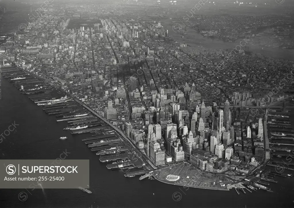 Vintage Photograph. Aerial view of Lower Manhattan showing the Financial District and newly constructed Battery Park, New York City. Frame 5