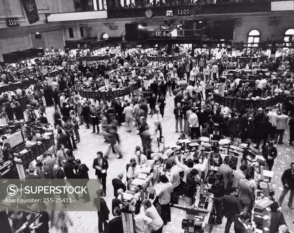 High angle view of a group of people in a stock market, New York Stock Exchange, Manhattan, New York City, New York State, USA
