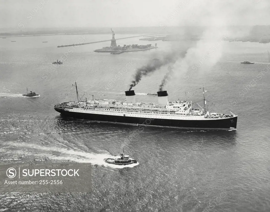 Vintage photograph. High angle view of a cruise ship in the sea, SS Ile de France, New York City, New York State, USA