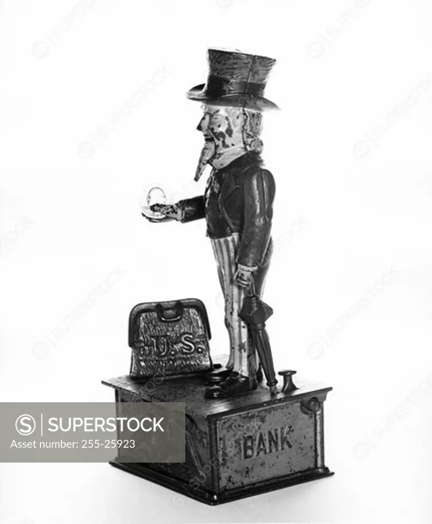 Close-up of a figurine of Uncle Sam on a mechanical bank