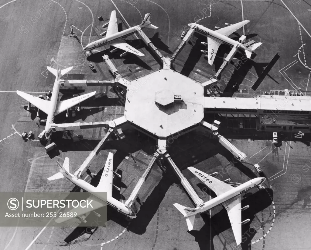Aerial view of five airplanes at an airport, San Francisco International Airport, San Francisco, California, USA