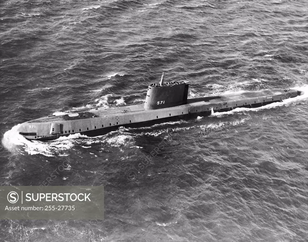 High angle view of a submarine, USS Nautilus (SSN-571), US Navy
