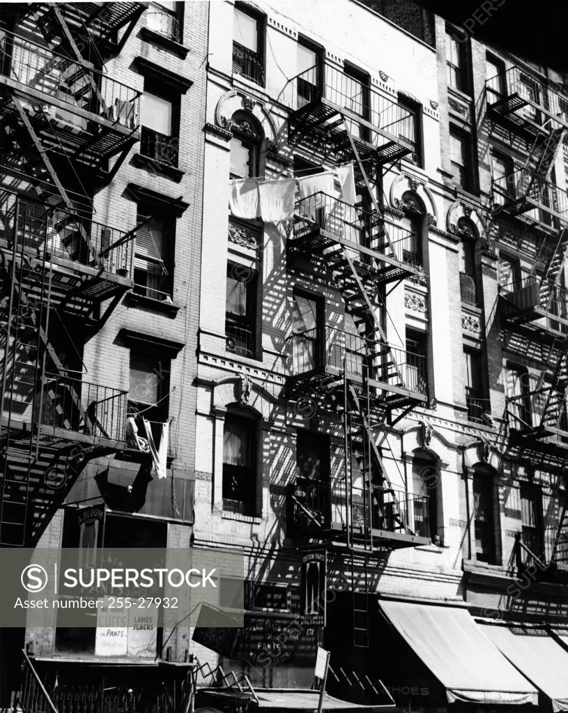 USA, New York City, low angle view of fire escapes of residential buildings