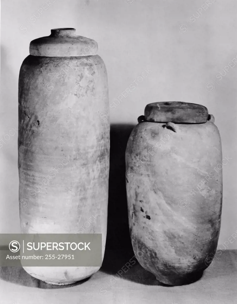 Close-up of two jars that contained the Dead Sea Scrolls