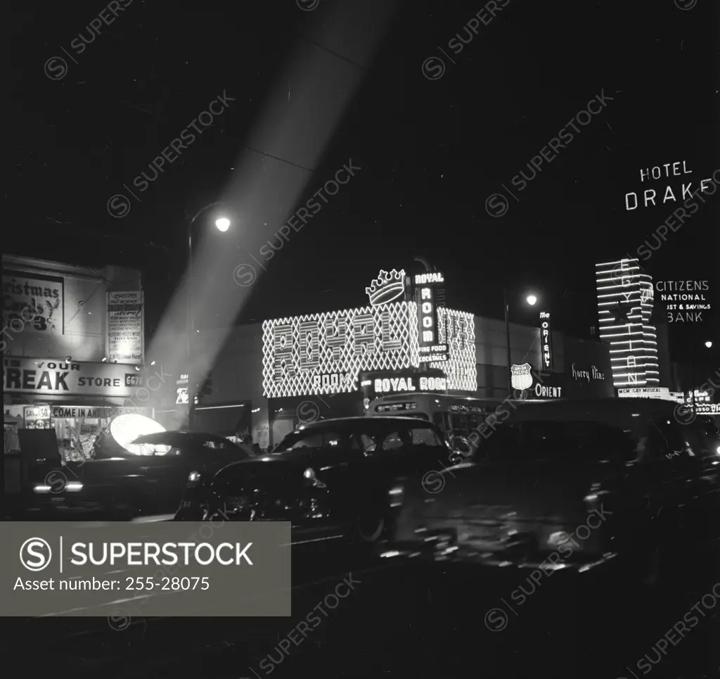 Vintage Photograph. Traffic on Hollywood Blvd on opening night at the Egyptian Theatre, Los Angeles, California