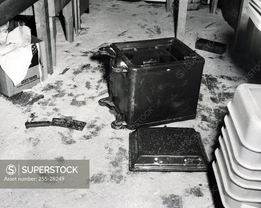 High angle view of a broken safe in a room