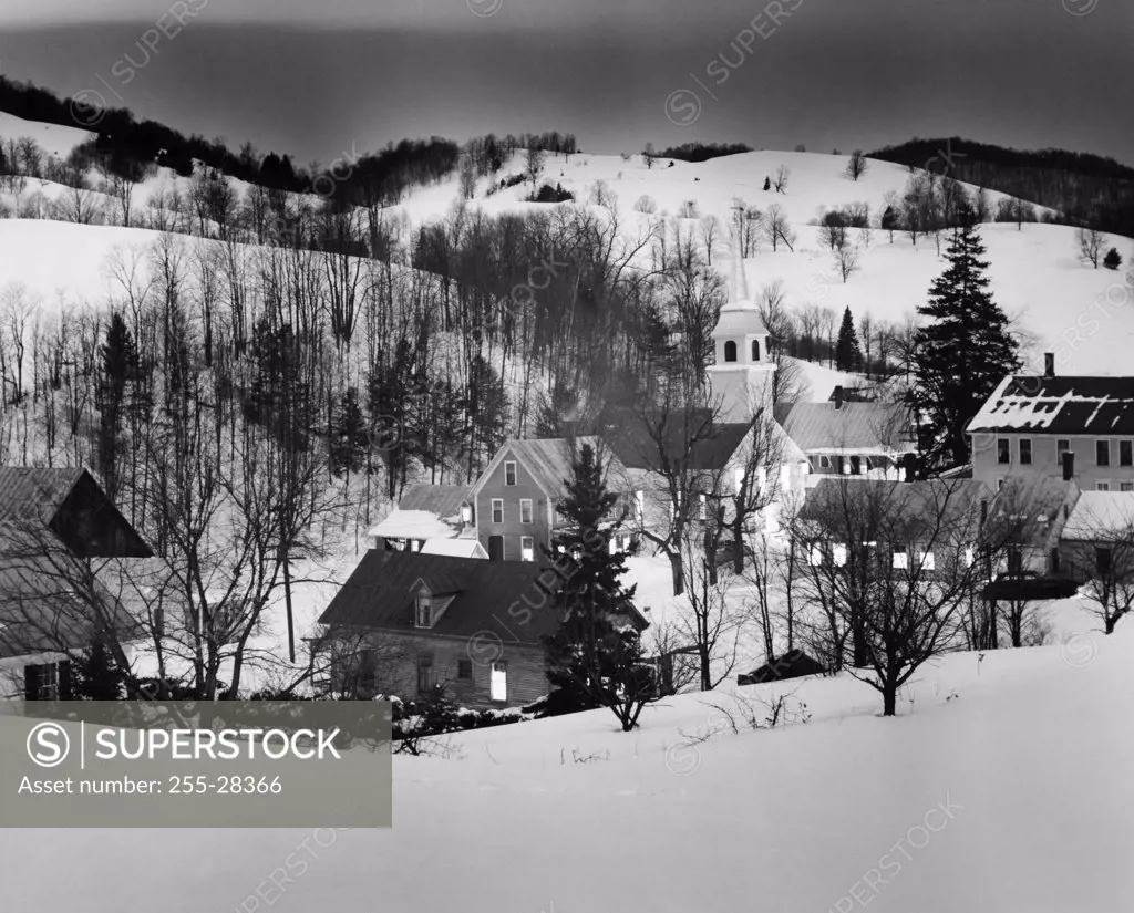 High angle view of buildings on a snow covered landscape, East Corinth, Vermont, USA