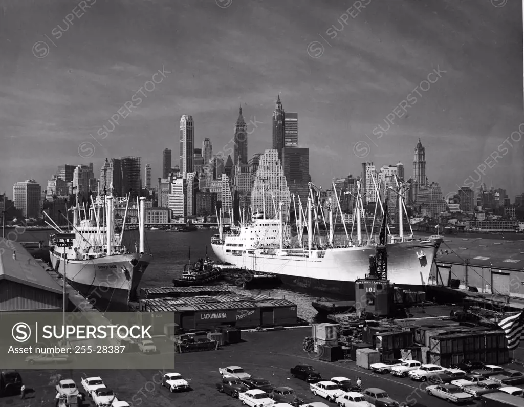 USA, New York, New York City, container ships at commercial dock, 1970s