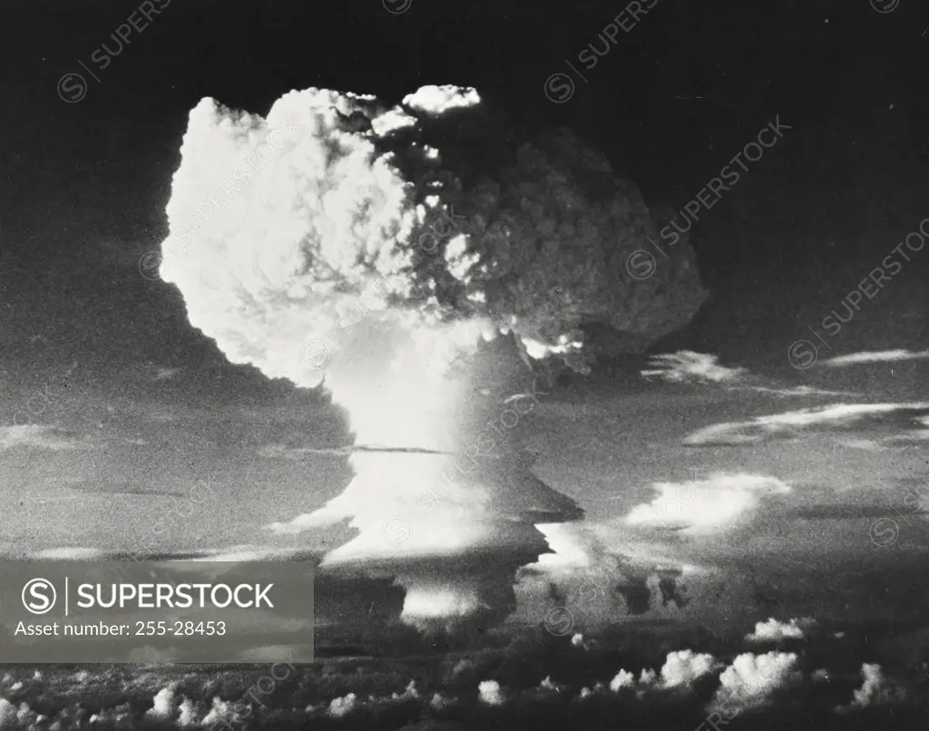 Vintage photograph. Hydrogen explosion in the Marshall Islands in the fall of 1952
