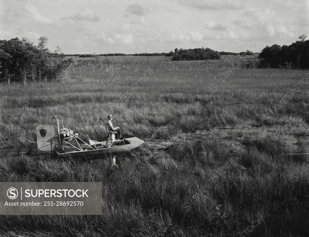 Vintage Photograph. Air boat in the Florida Everglades.