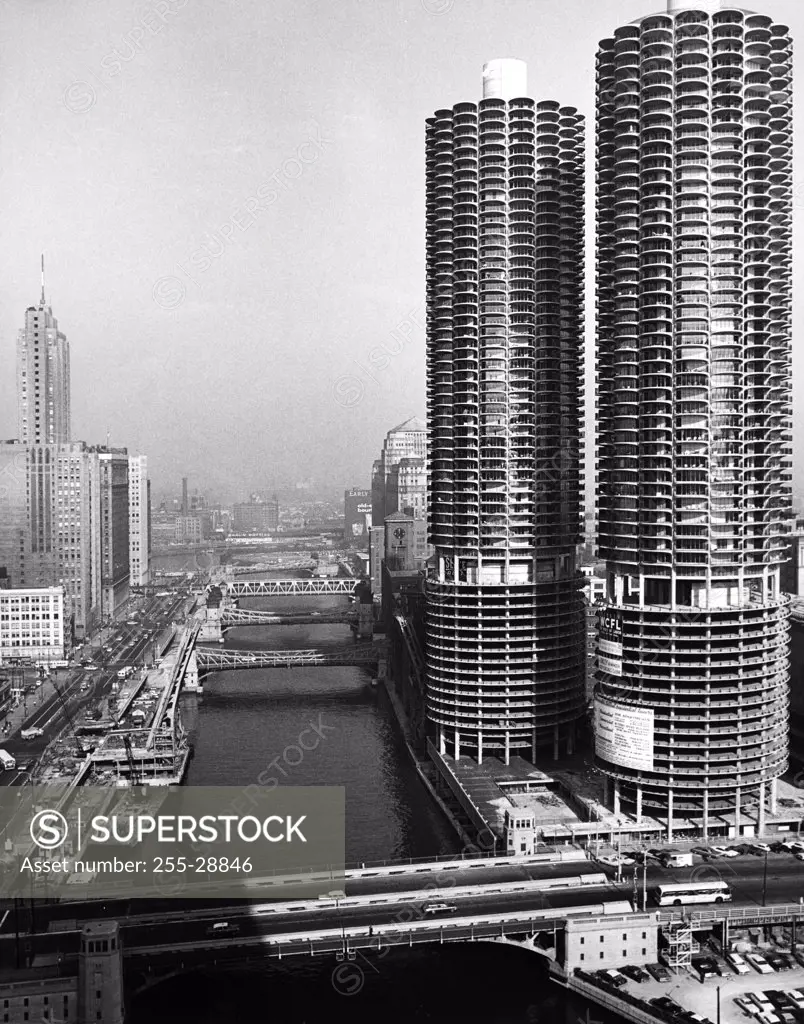 USA, Illinois, Chicago, skyscrapers along Chicago River, 1950s