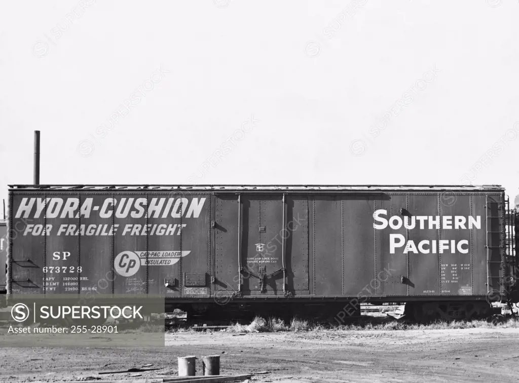 USA, Southern Pacific Railroad, text on freight train