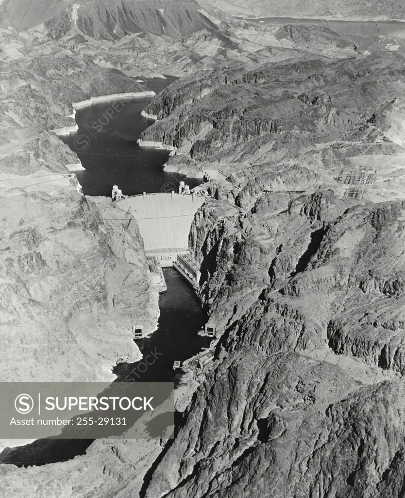 Vintage photograph. High angle view of a dam, Hoover Dam, Colorado River, Arizona-Nevada Border, USA