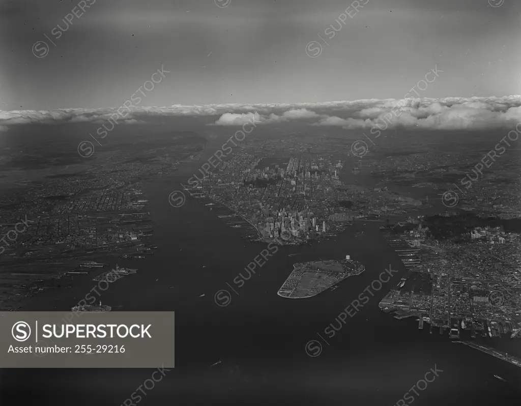 Vintage Photograph. Aerial view looking north showing all of Manhattan, New York City