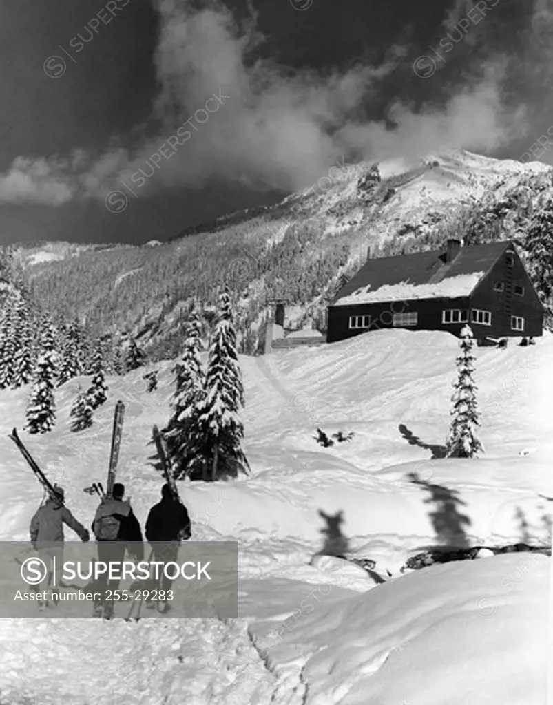 USA, Washington state, three people carrying their skis,