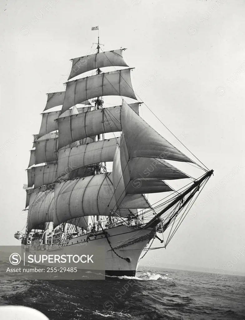 Vintage photograph. Training ship of Danish Navy sailing in the sea