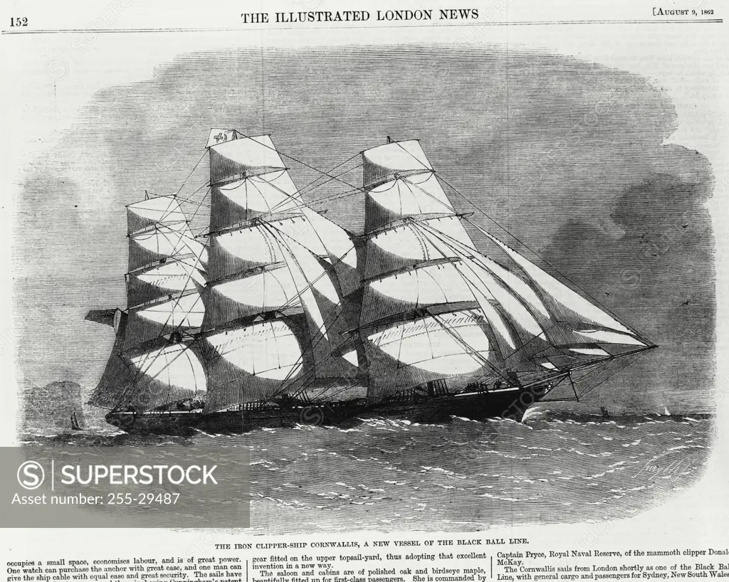 Vintage Photograph. Clipper ship launched in Liverpool on August 11, 1862 by unknown artist, illustration