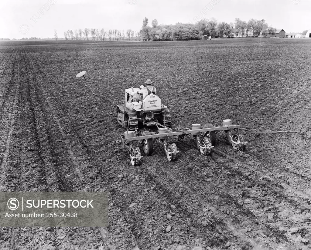 Rear view of a farmer plowing a corn field with a tractor, Hutchinson, Minnesota, USA