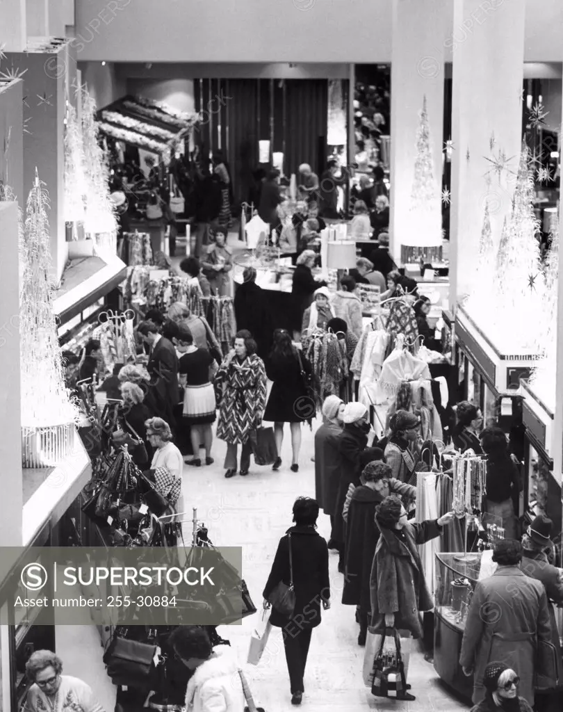 High angle view of a group of people shopping in a department store