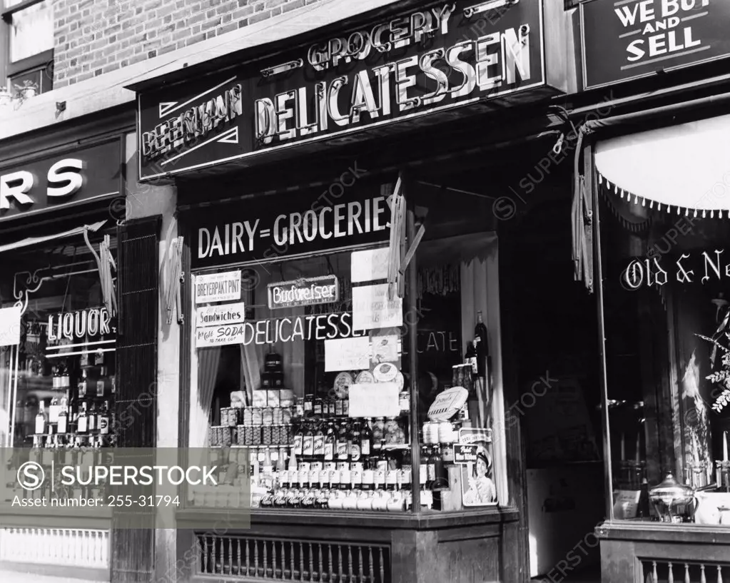 Vintage Photograph. Exterior of Delicatessen storefront display, New York City