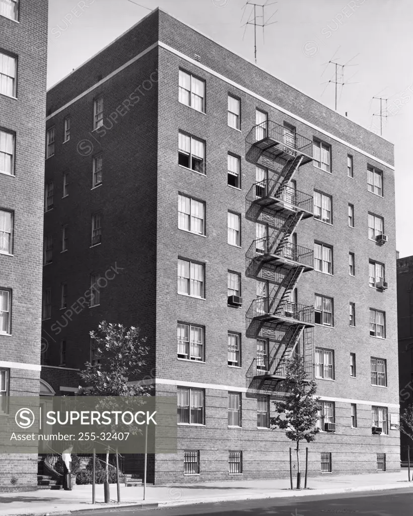 Low angle view of fire escape of an apartment, York Avenue, New York City, New York State, USA