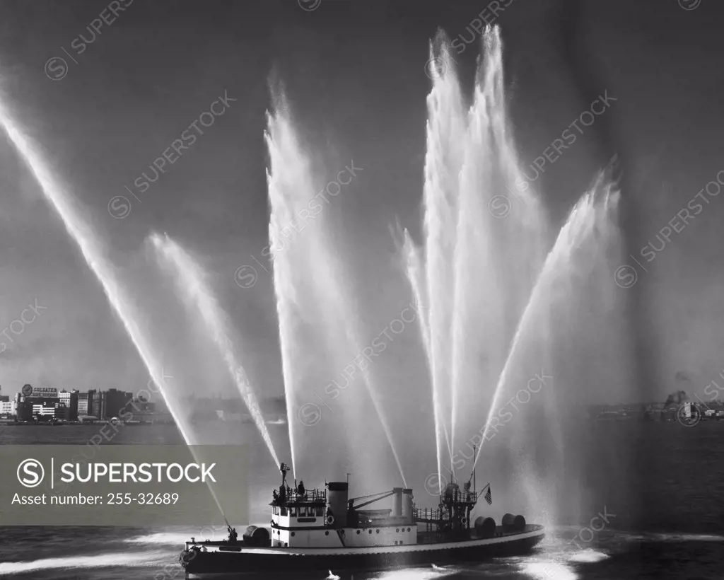 Fireboat spraying water, New York City, New York, USA