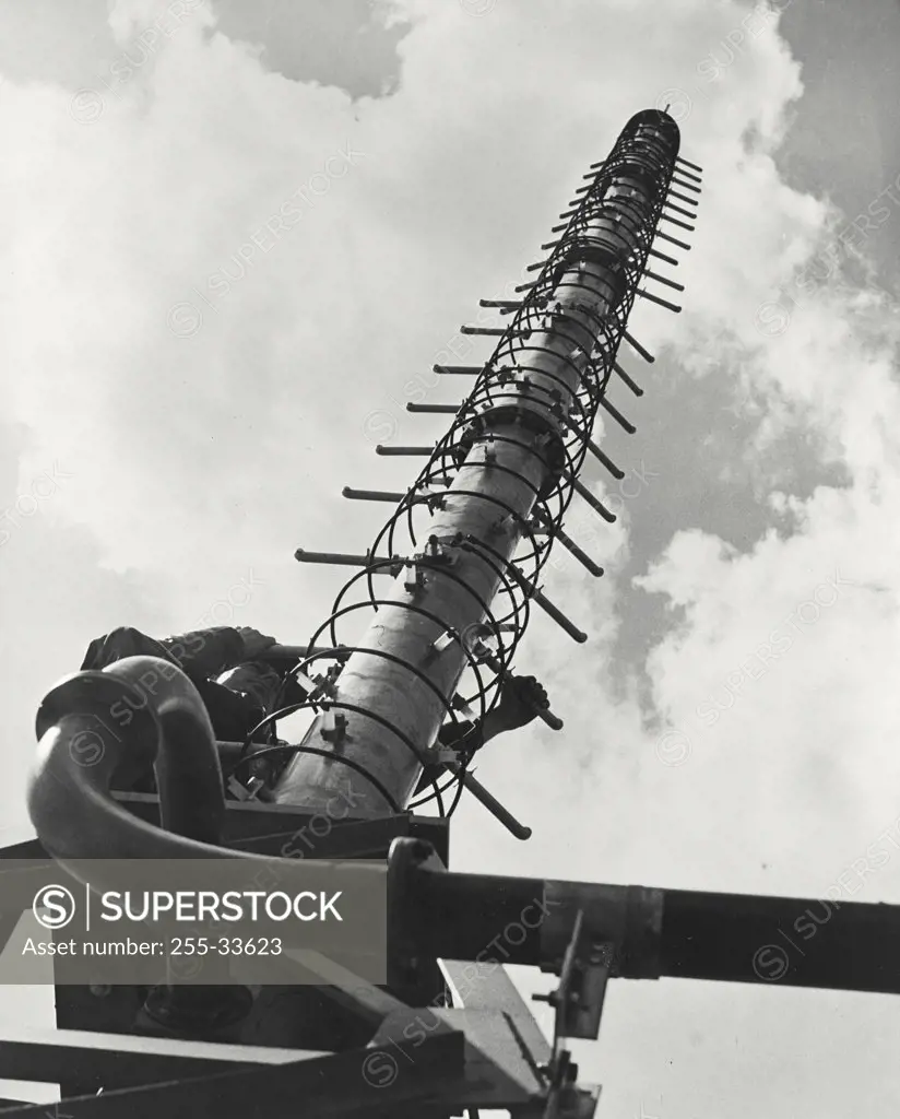 Vintage photograph. General Electric "helical" antenna for ultra high frequency television transmission at Electronics Park, Syracuse, New York