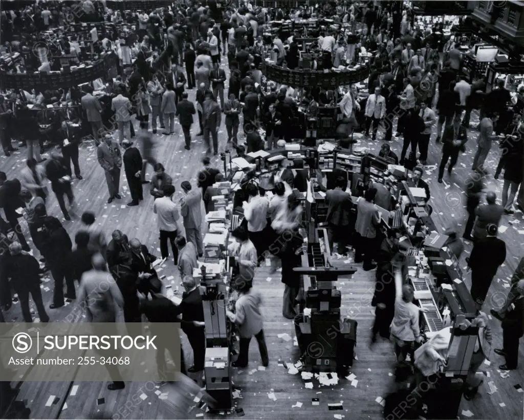High angle view of a group of people in a stock market, New York Stock Exchange, New York City, New York State, USA