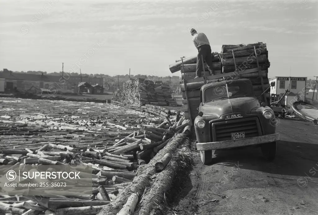 Vintage Photograph. Unloading pulp logs at Port Arthur, Ontario, Canada.