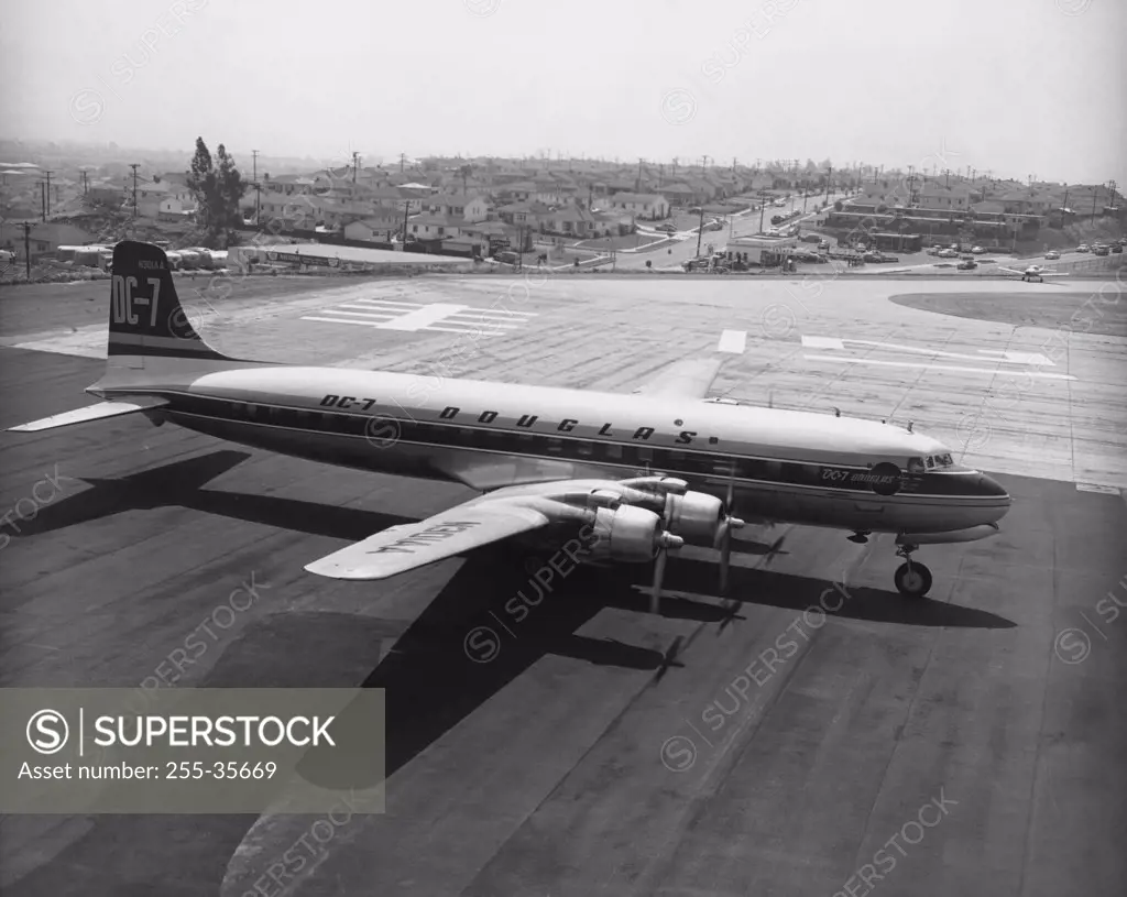 High angle view of an airplane at an airport, Douglas DC-7