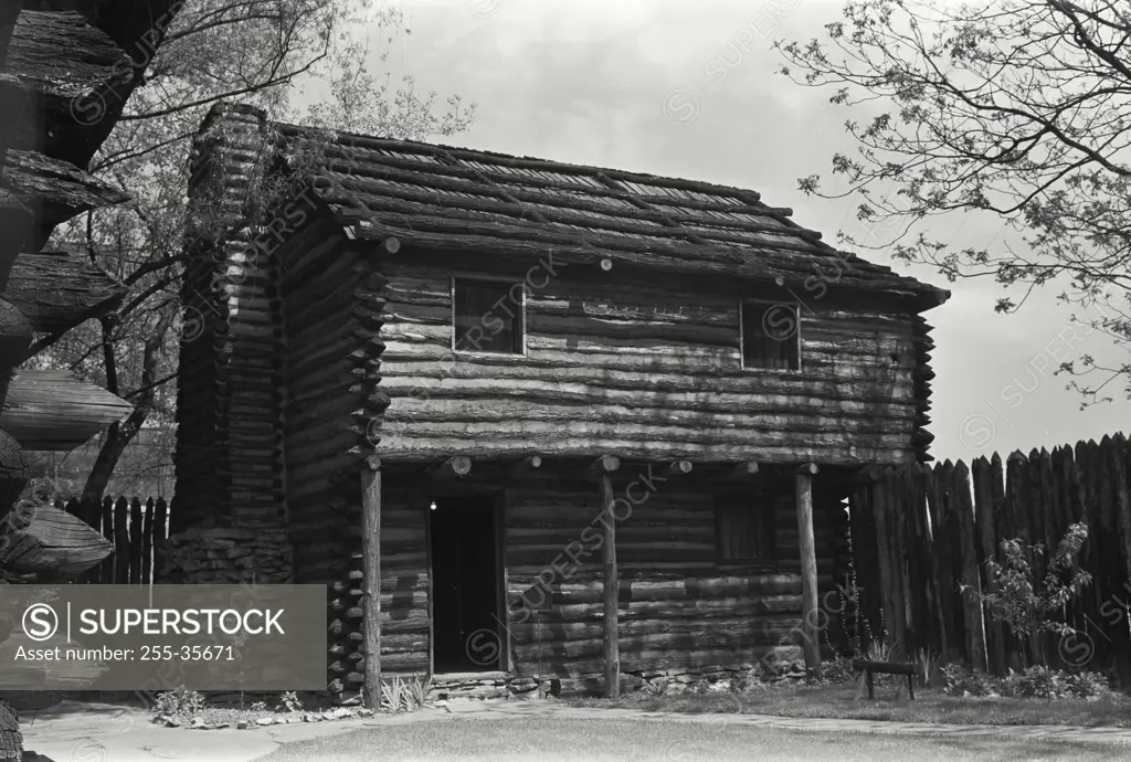 Vintage Photograph. Facade of a log cabin, Fort Nashborough, Nashville, Tennessee, USA
