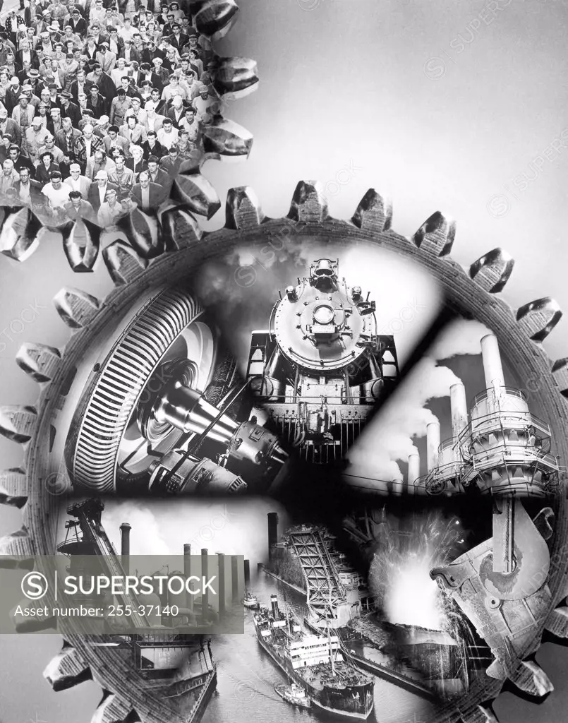 Images of a crowd and various industries superimposed on gears