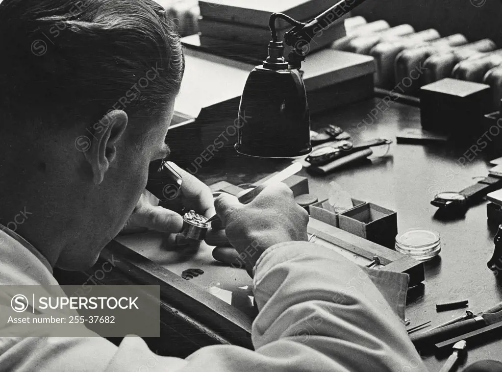 Vintage photograph. Watch repair shop at the national Jewish hospital in Denver
