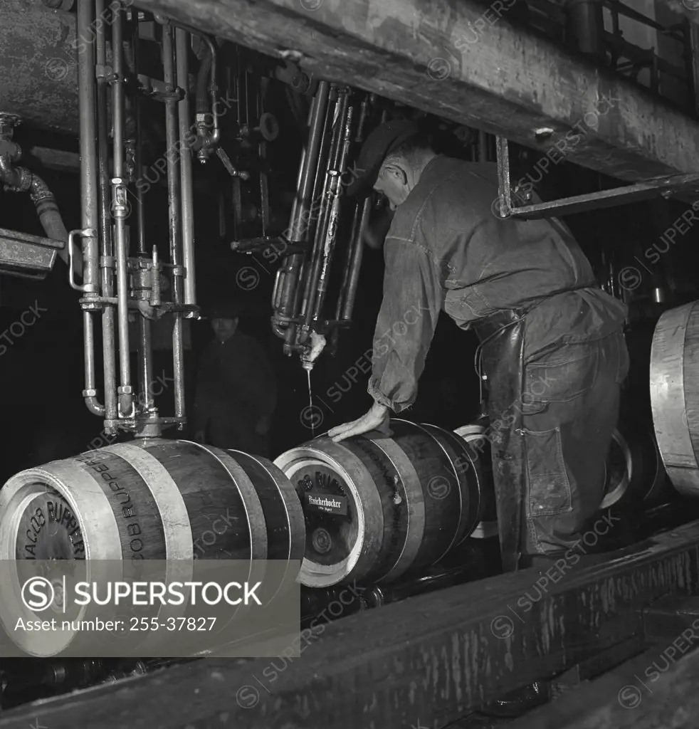 Vintage photograph. Man filling kegs of beer at Ruppert Brewery, New York City