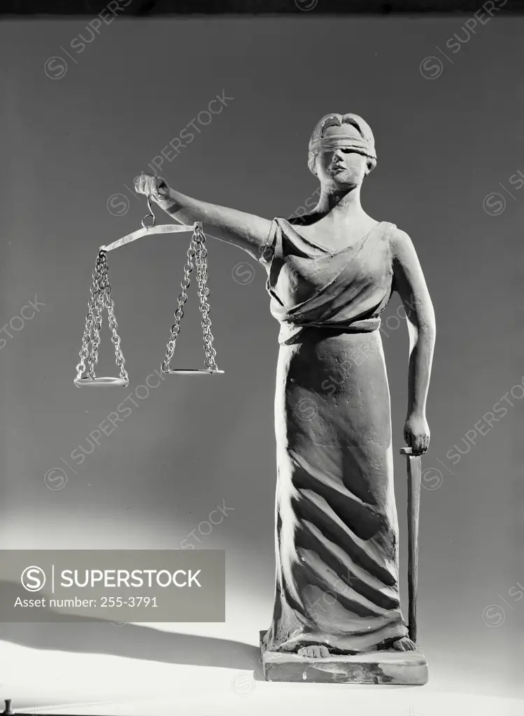 Vintage Photograph. Statue depicting Lady Justice holding the scales of Justice and sword, Frame 1