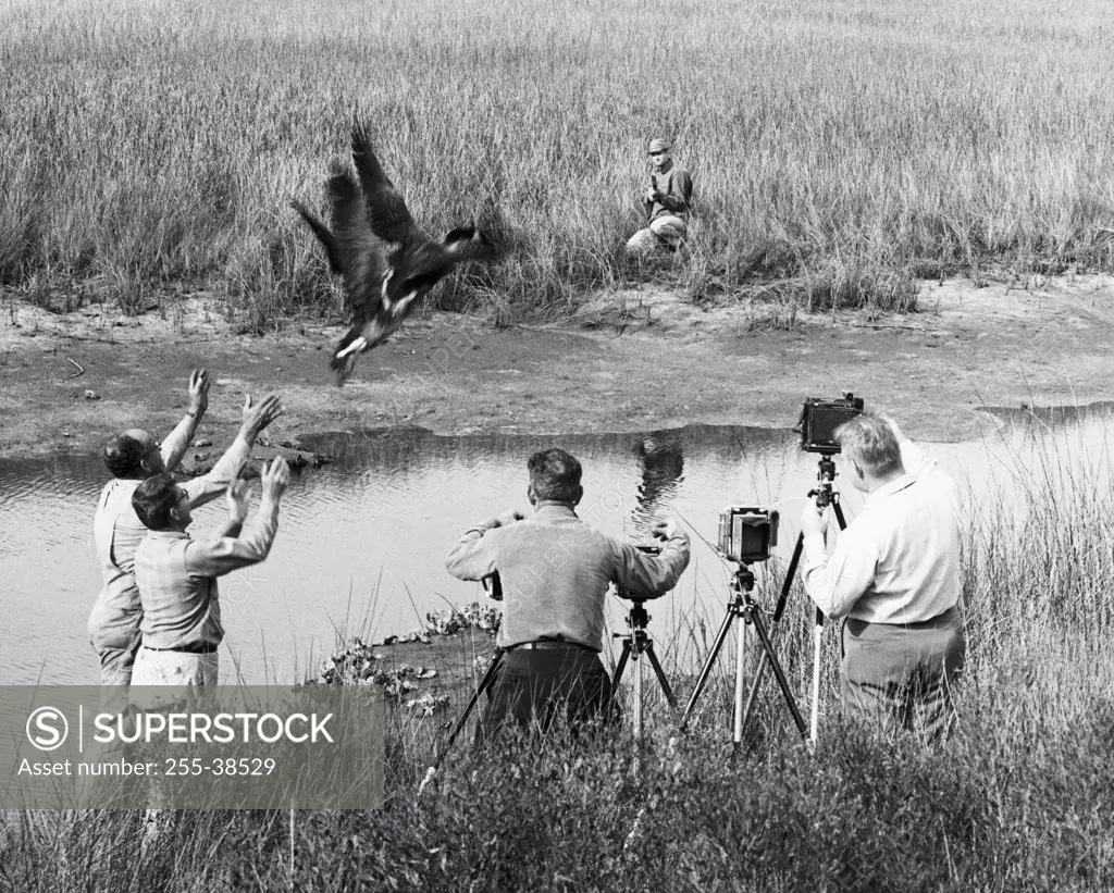 Five people shooting film in a field, St. Marks National Wildlife Refuge, Florida, USA