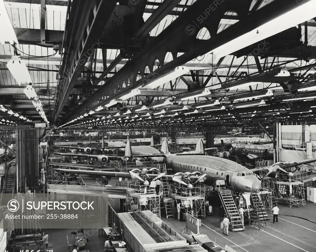 Vintage photograph. Lockheed Constellations of the 749 series nearing completion on the final assembly at Burbank, California