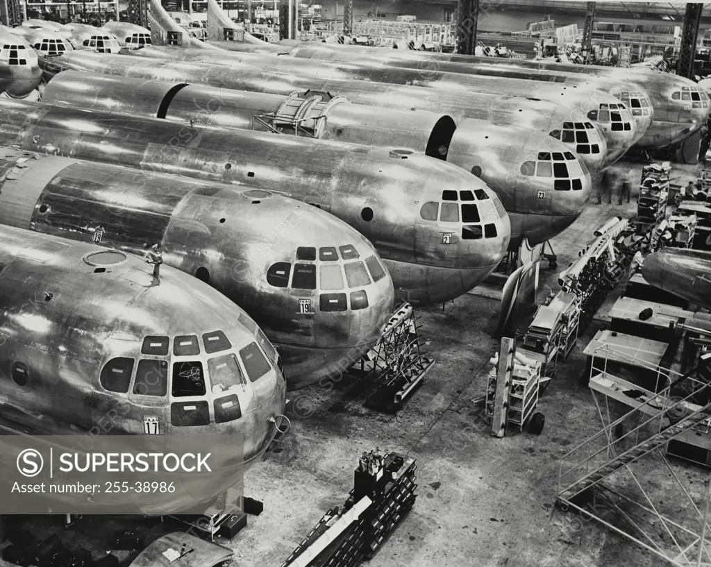 Vintage Photograph. Eight Boeing Stratocruiser fuselages in the final assembly area of Seattle plant