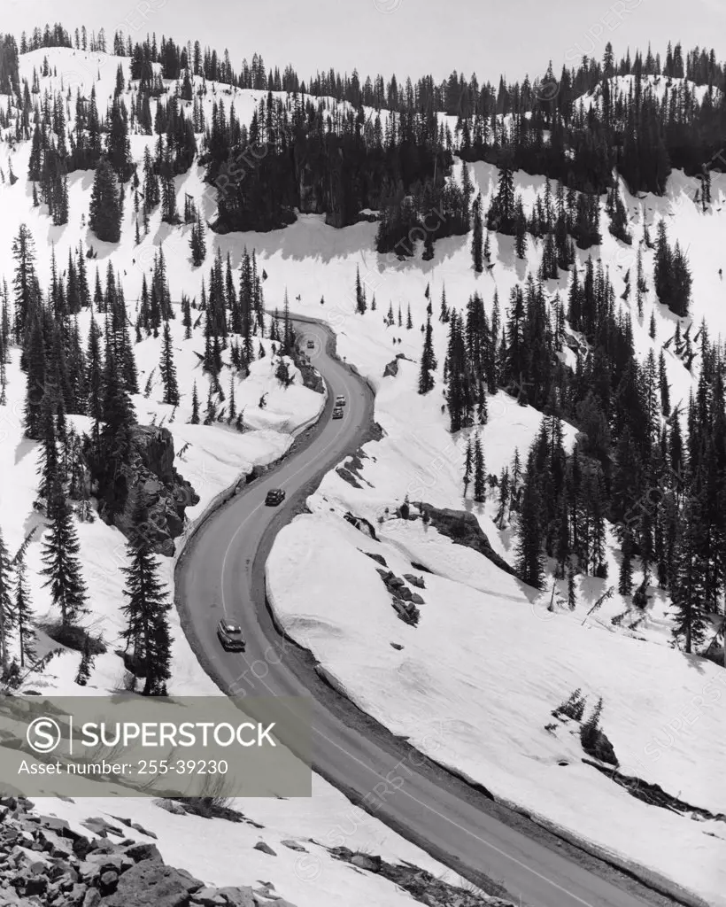 High angle view of cars moving on a highway, Highway 410, Chinook Pass, Washington State, USA