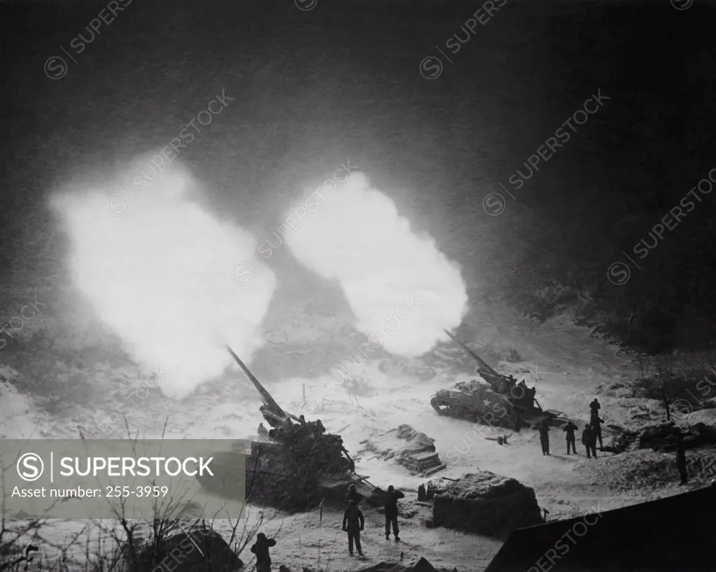 High angle view of two military tanks bombing during war, Korea