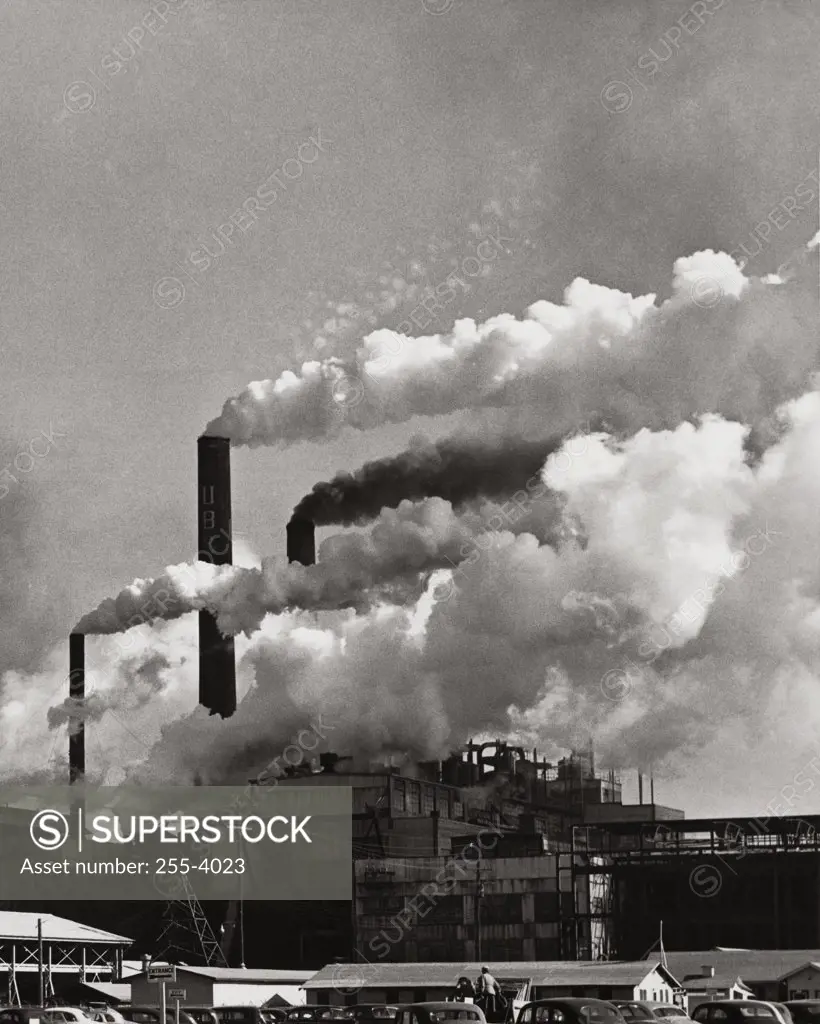 Smoke emitting from the smoke stacks of a paper mill, Union Camp Corporation, Savannah, Georgia, USA