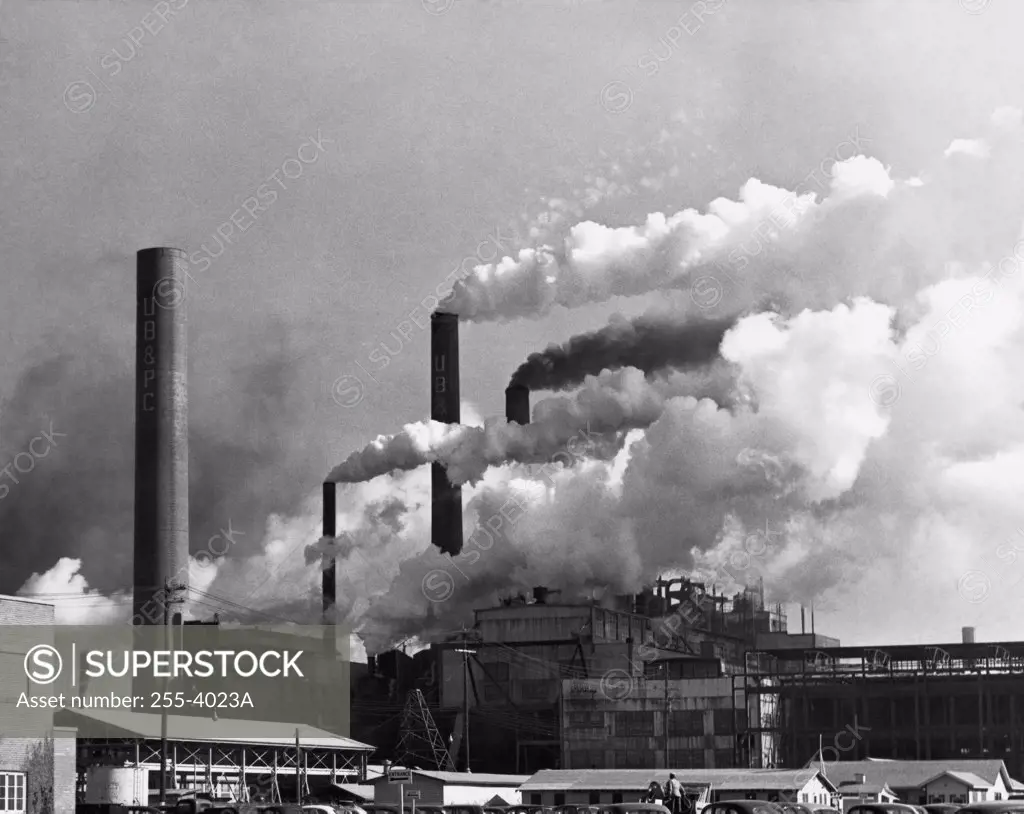 Smoke emerging from smoke stacks of a paper mill, Union Bag & Paper Company, Savannah, Georgia, USA